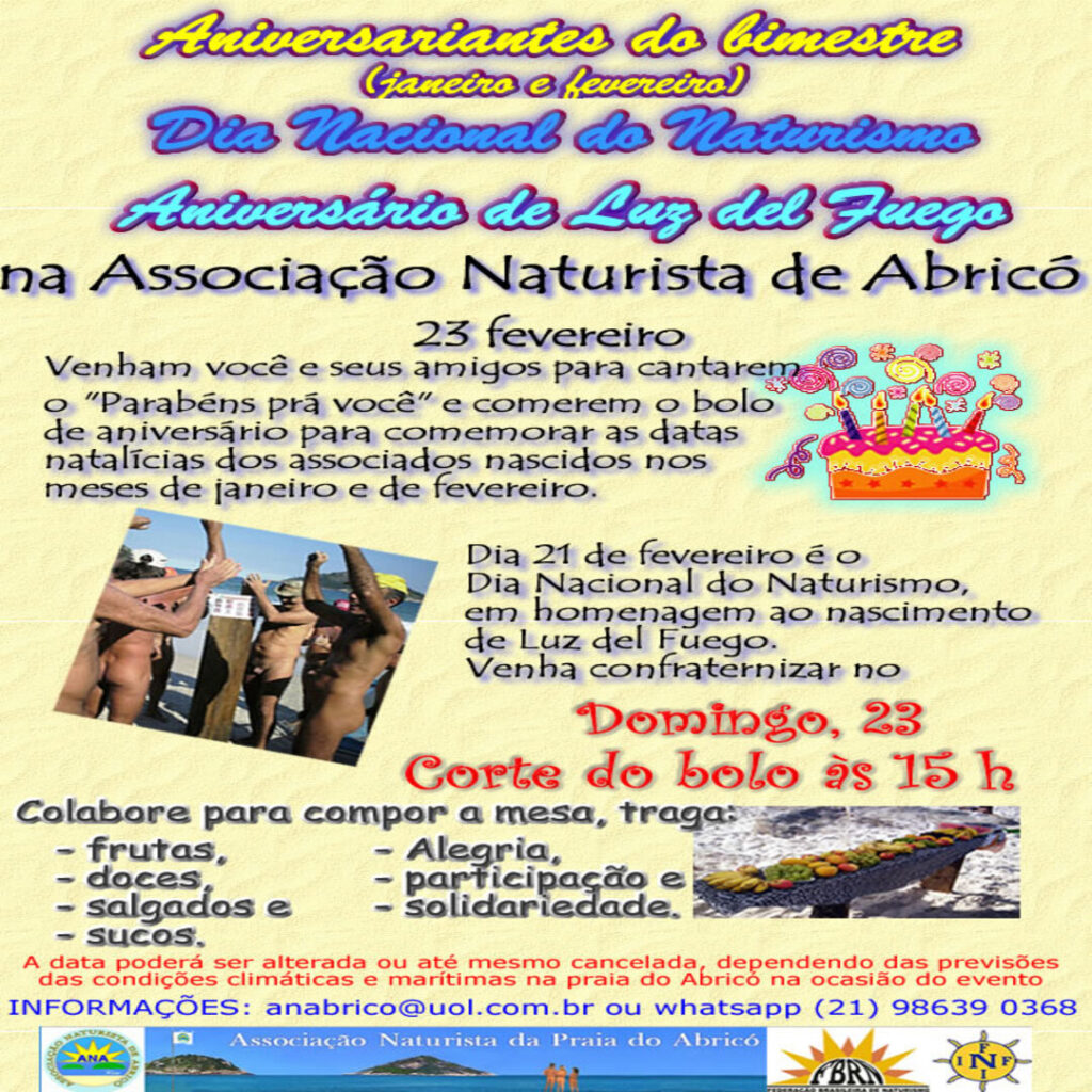 Dia Nacional do Naturismo, Aniversários do Bimestre e Aniversário de Luz del Fuego  na Praia do Abricó